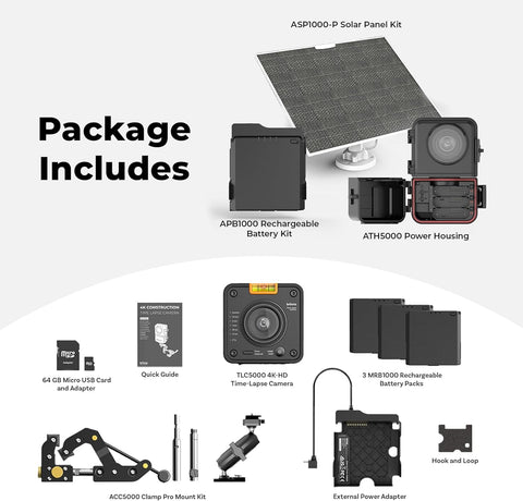 Brinno BCC5000 + APB1000 + ASP1000-P - Time Lapse Construction Camera - Rechargeable Battery & Solar Panel Kit Bundle with Mount